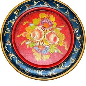 Norwegian Hand Painted Decorative Vintage Wooden Plate Folk Art Rosemaling